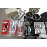 LARGE SELECTION OF SILVER PLATED WARE INCLUDING CRUET SETS, WINE BOTTLE HOLDER, CUTLERY,