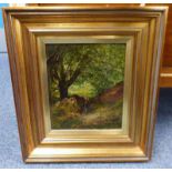 P S NISBET A WAYSIDE BROOK SIGNED TO REVERSE GILT FRAMED OIL PAINTING 29 X 25 CM