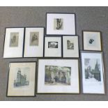 9 VARIOUS SIZED FRAMED ETCHING & PICTURES - LARGEST 28 CM X 38 CM