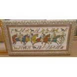 FRAMED WOOLWORK BAYEUX TAPESTRY STYLE TAPESTRY 112 X 46 CM