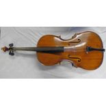 CELLO WITH 29 3/4" TWO PIECE BACK LABELLED 'IMPORTED BY LESLIE SHEPPARD MADE IN HUNGARY'