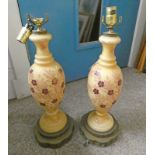 PAIR OF GLASS & ENAMEL DECORATED TABLE LAMPS ON BRASS BASES WITH FLORAL DECORATION