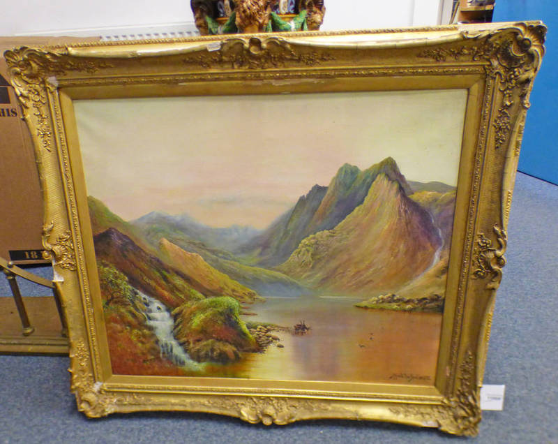 IN THE STYLE OF ALFRED DE BREANSKI HIGHLAND LOCH SCENE BEARS SIGNATURE GILT FRAMED OIL PAINTING 63