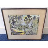 HAMISH LAWRIE - (ARR), WALKING THOUGH THE FOREST, SIGNED & DATED 1950, FRAMED GOUACHE,