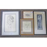 4 FRAMED PENCIL DRAWINGS,