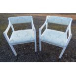 PAIR OF PAINTED OPEN ARMCHAIRS ON SQUARE SUPPORTS