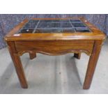 EASTERN HARDWOOD TABLE WITH LEADED GLASS INSERT IN TOP,