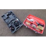 P PERFORMANCE BATTERY POWERED DRILL AND TOOL BOX WITH CONTENTS TO INCLUDE STANLEY HAND DRILL,