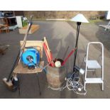 BRASS BOUND OAK BARREL, STEP LADDER,