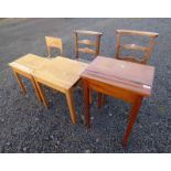 2 OAK CHILDREN'S DESKS WITH LIFT TOPS ON SQUARE SUPPORTS & 1 OTHER & 2 ELM LADDERBACK SCHOOL CHAIRS