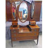 EARLY 20TH CENTURY INLAID MAHOGANY DRESSING TABLE WITH MIRROR & 2 FRIEZE DRAWERS OVER 2 LONG