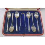 CASED SET OF 6 SCOTTISH SILVER TEASPOONS & MATCHING SUGAR TONGS BY HAMILTON & INCHES,