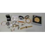 VARIOUS GENTS WRISTWATCHES, COMPACTS, DECORATIVE JEWELLERY INCLUDING RING,