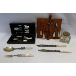 MOTHER OF PEARL HANDLED MANICURE SET, SILVER TOPPED CUT GLASS INKWELL,