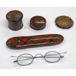 TARTAN WARE SPECTACLE CASE AND STEEL RIMMED GLASSES AND 3 OTHER TARTAN WARE ITEMS,