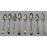 18TH CENTURY SILVER DOG NOSE TEASPOON & 7 GEORGIAN SILVER BRIGHT-CUT TEASPOONS - 105 G