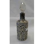 GLASS SCENT BOTTLE WITH PIERCED SILVER HOLDER, CHESTER 1899 - 12CM TALL EXCLUDING.