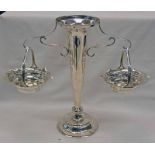 SILVER TRUMPET VASE WITH 2 HANGING BASKETS SUSPENDED FROM SCROLL ARMS BY FERGENBAUM & SON,