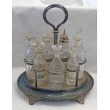 VICTORIAN SILVER & CUT GLASS CONDIMENT STAND WITH ENGRAVED DECORATION ON 4 SWEPT FEET BY MARTIN