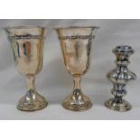 PAIR OF 800 SILVER GOBLETS & AN AUSTRIAN SILVER PEPPER WITH MAKERS MARK KP - 169G TOTAL