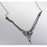 FRENCH SILVER ART NOUVEAU STYLISED PENDANT SET WITH AMETHYST & PEARL IN A DECORATIVE CHAIN SETTING