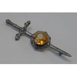 SCOTTISH SILVER GEM SET CLAYMORE LARGE KILT PIN BY ROBERT ALLISON, GLASGOW 1958 - 8.