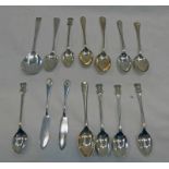 SET OF 5 STERLING SILVER TEASPOONS WITH BEAR TERMINALS, 3 SILVER GOLFING SPOONS, ETC,