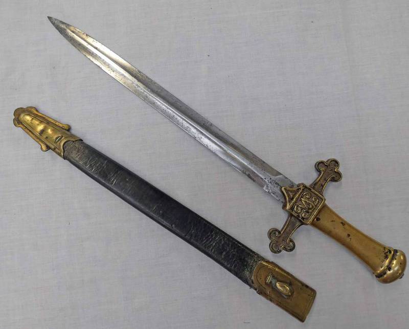 VICTORIAN BAND SWORD WITH 33CM LONG DOUBLE EDGED BLADE WITH SEVERAL MARKINGS,