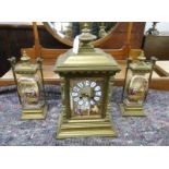 3 PIECE LATE 19TH CENTURY BRASS & PORCELAIN PANELLED CLOCK GARNITURE WITH FIGURAL DECORATION SIGNED
