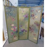 LATE 19TH CENTURY OAK FRAMED 3 PART FOLDING SCREEN WITH FLORAL DECORATION 181CM TALL