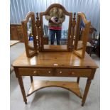 DUCAL PINE DRESSING TABLE MIRROR AND TABLE WITH 2 DRAWERS ON TURNED SUPPORTS.