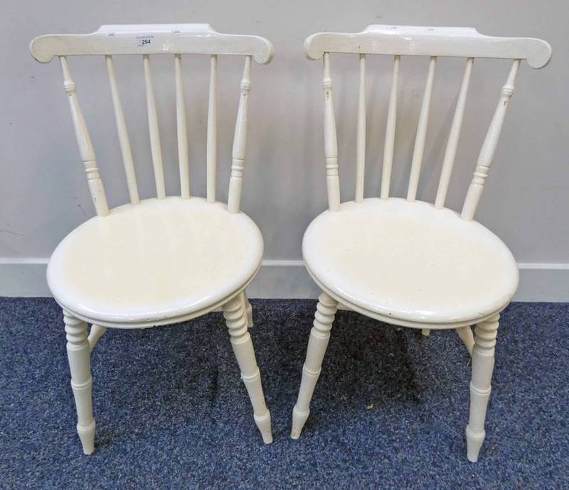 PAIR OF PAINTED STICK BACK KITCHEN CHAIRS ON TURNED SUPPORTS