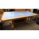 TWIN PEDESTAL OAK EXTENDING DINING TABLE WITH FOLD-OUT LEAF & PAINTED TOP,