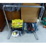 TOOL BOX WITH CONTENTS TO INCLUDE AXE, SPANNERS,