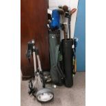 HIPPO GOLF BAG AND CONTENTS OF VARIOUS GOLF CLUBS AND ONE OTHER AND GOLF CADDY