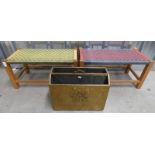 PAIR OF RECTANGULAR STOOLS WITH ROPEWORK TOPS ON SQUARE SUPPORTS AND BRASS MAGAZINE RACK