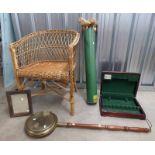 WICKER CHAIR, MAHOGANY CANTEEN BOX,