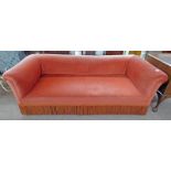 LATE 19TH CENTURY OVERSTUFFED CHESTERFIELD SETTEE ON TURNED SUPPORTS,