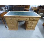 PINE KNEEHOLE DESK WITH LEATHER INSET TOP AND 3 DRAWERS OVER 2 COLUMNS OF 3 DRAWERS - 134CM WIDE
