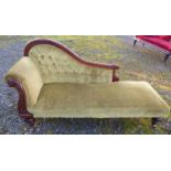 19TH CENTURY MAHOGANY FRAMED BUTTON BACK CHAISE LONGUE WITH DECORATIVE CARVING ON CABRIOLE SUPPORTS