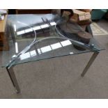 GLASS TOPPED KITCHEN TABLE ON SQUARE CHROME SUPPORTS,