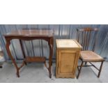 MAHOGANY TABLE WITH SHAPED TOP ON SHAPED SUPPORTS AND STICK BACK CHAIR ON TURNED SUPPORTS,