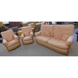 3 PIECE ERCOL BEECH FRAMED SUITE OF 2 SEAT SETTEE & 2 ARMCHAIRS