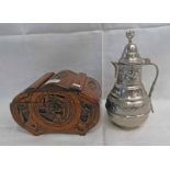 CARVED ORIENTAL WOODEN BOX AND METAL LIDDED POT