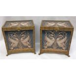 PAIR OF 19TH CENTURY PORCELAIN AND BRASS CASKETS DECORATED WITH SWANS ON PAW SUPPORTS - HEIGHT 21
