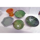 3 ART POTTERY STYLE BOWLS AND GREEN ORIENTAL BOWL