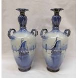 PAIR ROYAL BONN DELFT BLUE AND WHITE 2 - HANDLED VASES - 32 CM TALL