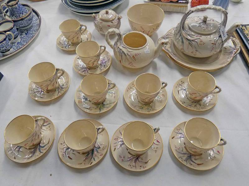 BELLEEK GRASS PATTERN 10 PLACE TEA SERVICE Condition Report: 5 cups have damage - 2