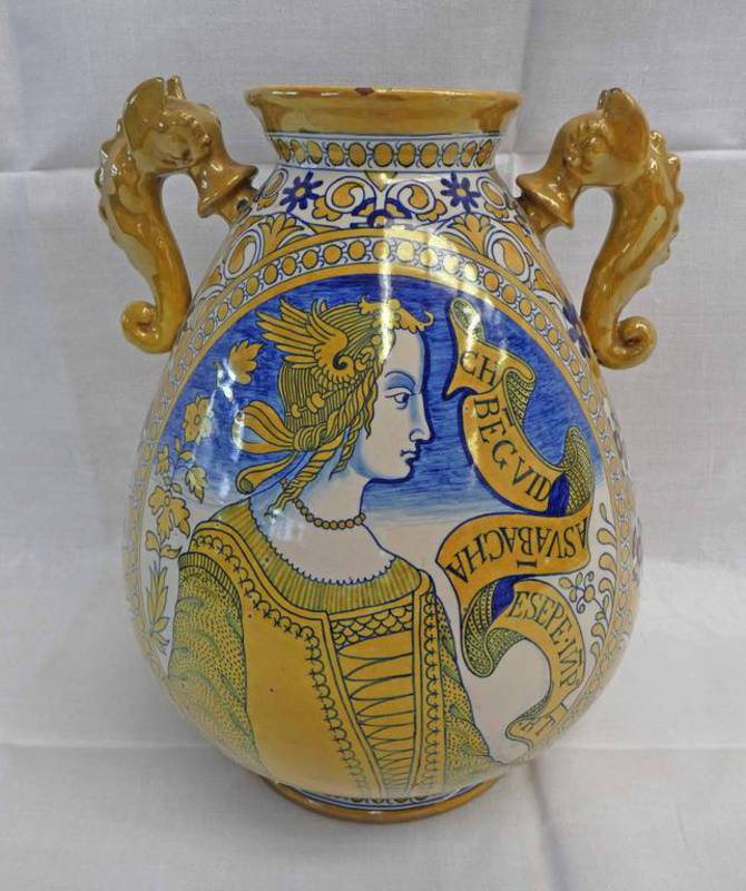 LARGE ITALIAN MAJOLICA VASE WITH TWIN HANDLES, MARKED WITH COCKEREL TO BASE.