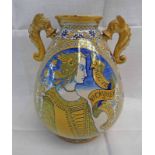 LARGE ITALIAN MAJOLICA VASE WITH TWIN HANDLES, MARKED WITH COCKEREL TO BASE.